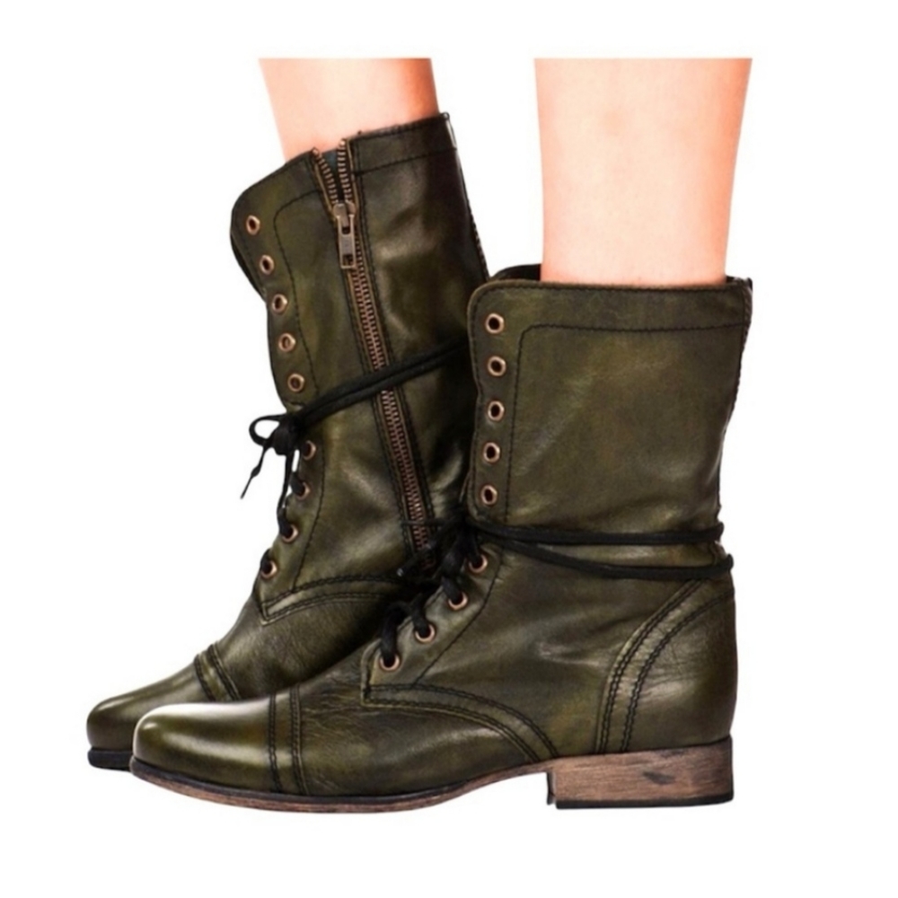 Steve Madden Troopa Combat Boots Lace Up Zip Dark Green Leather Distressed 7.5